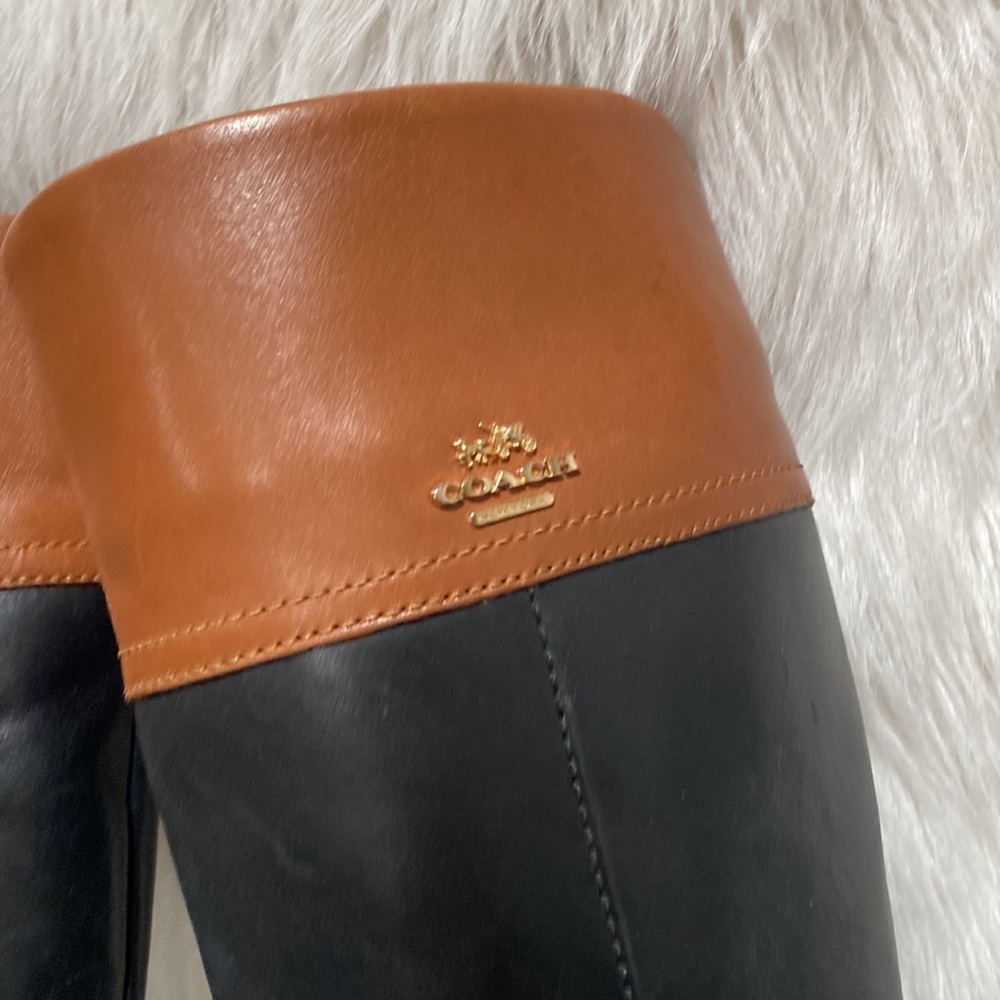 COACH EVA Black Brown Calf Leather Tall Boots 6.5 B Zip Classy 2-tone - Picture 4 of 13